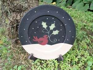 Wood Plate,with red bird holding holly branch, JOY  