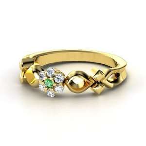  Corsage Ring, 18K Yellow Gold Ring with Emerald & Diamond 