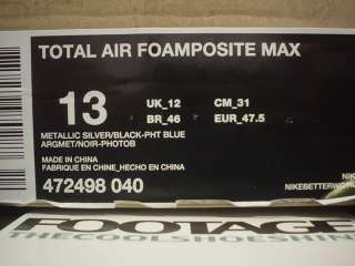 2011 Nike Total Air Foamposite Max TIM DUNCAN SILVER BLACK PHOTO BLUE 
