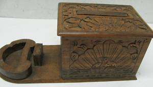 Vintage Art Carved wood Cigarette Box Case dispenser up  