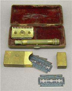 Antique Gillette Pocket Safety Razor Set Brass Box 1910  