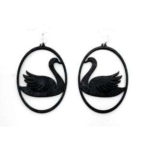  Black Satin Swan Oval Wooden Earrings GTJ Jewelry