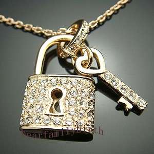 18k gold GP SWAROVSKI crystal key& lock necklace 231  