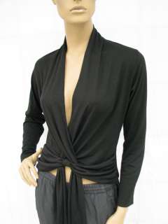 BL889DW BLACK PLUNGE RUCHED LONG SLEEVES STRETCH TOP BLOUSE L  