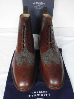   Tyrwhitt Mid Brown Leather & Harris Tweed Brogue Boots UK 10 F  
