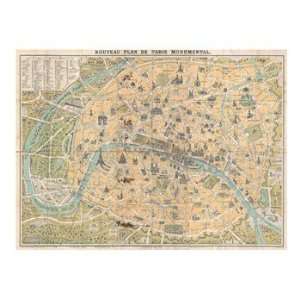 1890 Guilmin Map of Paris, France with Monuments Poster (24.00 x 18.00 