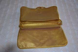 Auth Tory Burch Gold Leather Clutch Bag Gold Chain Purse Crossbody 