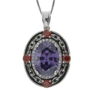   Silver Purple, Red and White Cubic Zirconia Oval Pendant Necklace, 18