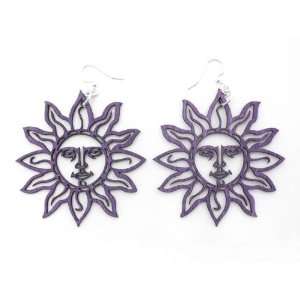  Purple Smiling Sun Zodiac Wooden Earrings GTJ Jewelry