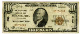 US Paper Money 1929 $10 Philadelphia National Bank  