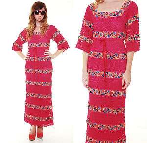   MEXICAN Crochet Lace CutOut HIPPIE Embroidered boho MAXI Dress  