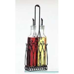 Glass Vinegar and Oil Cruet Set with Metal Holder  Kitchen 