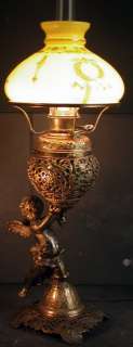 Antique Victorian Figural Cupid B&H NBIW Banquet Oil Lamp GWTW Yellow 