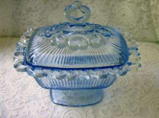Blue Glass Ribbed Candy Dish with Lid Footed Lace Edge  