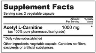 NutraBio   Acetyl L Carnitine Vegetable Capsules   Supplement Facts