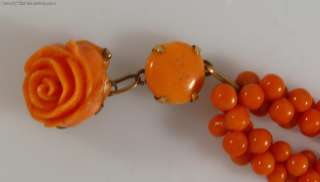 Rare Carved Coral Rose & Beads 14K Pendant Necklace  