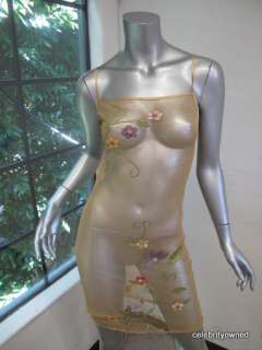 Vivienne Tam Gold Mesh Emroidered Flower Sheer Dress 0  