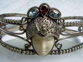 Vintage Sterling Goddess Face Moon Cuff Bracelet Multi Stone~Possibly 