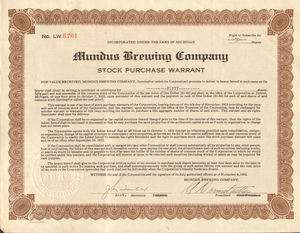 Mundus Brewing Company  Detroit Michigan beer stock certificate 