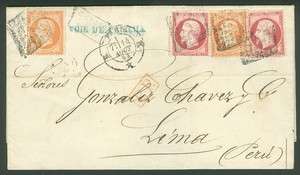 EGYPT  Beautiful 1863 Folded Letter to Peru from Egypt via Panama 