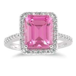  Emerald Cut Pink Topaz and Diamond Ring 14K White Gold 