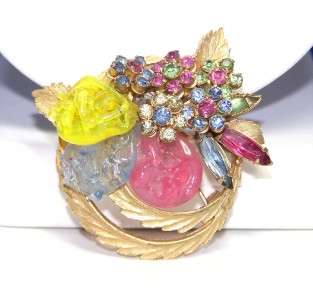 Vtg VENDOME Pastel Art Glass/RS Flower Brooch MUST SEE!  