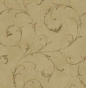 Wallpaper Brown Acanthus Scroll On Beige Faux Leather  