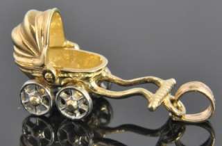 Two Tone 14K Gold Baby Carriage Pram Stroller Movable 3D Charm Pendant 