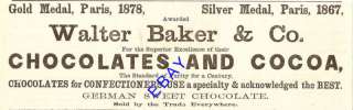 1880 WALTER BAKER GERMAN SWEET CHOCOLATE & COCOA AD  