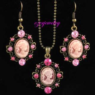 NEW ANTIQUE STYLE PINK CAMEO NECKLACE EARRINGS SET S70  