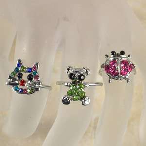   Lot 20pcs Silver Plated Cute Child Kid Animal Crystal Rings Mixed R079