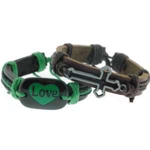 Genuine Dark Leather Bracelets with Cross and Love Sign in Green and 