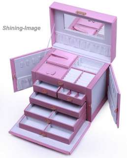 LARGE PINK LEATHER JEWELRY BOX CASE STORAGE w/ LOCK & KEY si4  