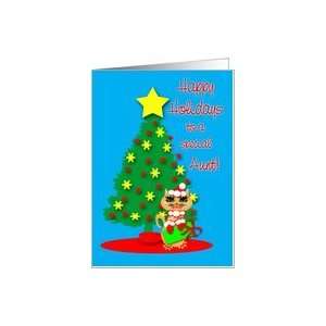   Christmas Happy Holidays Santa Kitty Kat With Tree and Present Card