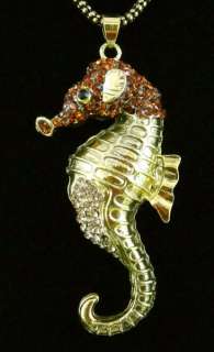 Total Length 27.56 Big Crystal Lovely Sea Horse Necklace Copper Tone 