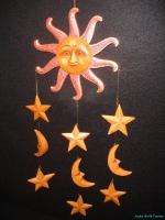 CELESTIAL~Red Sun SunBurst Moon stars Mobile~Carved Wood~Balinese Art 