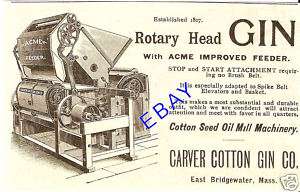 1893 CARVER COTTON GIN AD ACME FEEDER E. BRIDGEWATER MA  