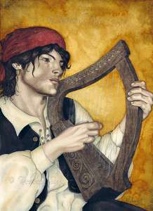 Fantasy Art ORIGINAL PAINTING Gypsy Harp Male Man WC  