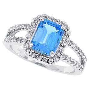 1.46ct Emerald Cut Blue Topaz Diamond Ring in 10Kt White 