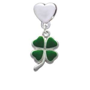 Green Four Leaf Clover with Heart Leaves European Heart Charm Dangle 