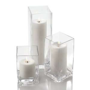  Set of 3 Glass Square Vases & 3 Pillar Candles, Purple 