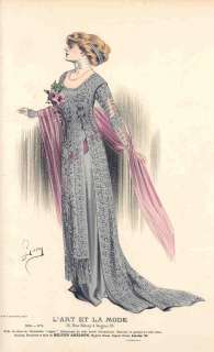 FASHION 1909 Old Vintage Engraving. Elegant Lady. France. # F4324 
