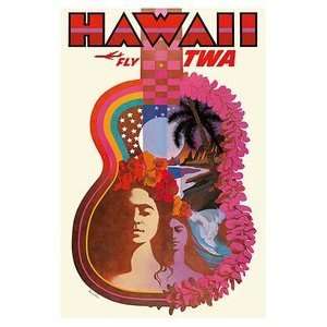 World Travel Poster Hawaii Fly TWA Hawaiian Guitar 12 inch by 18 inch 