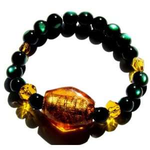Amber Glass and Crystal with Green Cats Eye Beaded Bracelet Fashion 