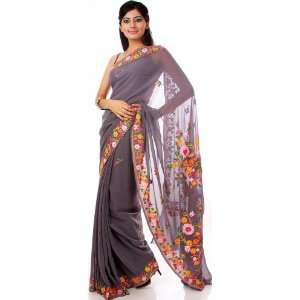  Gray Floral Sari from Kashmir with Ari Embroidery and Self 