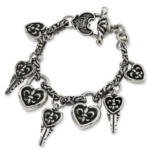   Silver Antiqued Fleur de Lis Lock & Key 7.5in Bracelet Jewelry