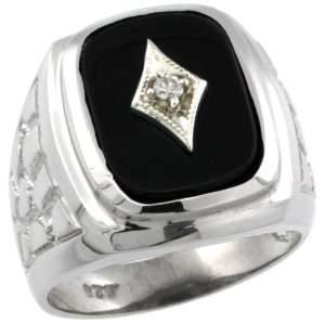  Silver Mens Rectangular Cushion Black Onyx & Solitaire Diamond Ring 