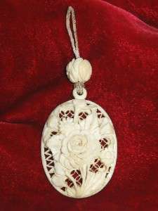 Vtg Antique Hand Carved Faux Ivory Floral Rose Pendant  