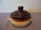   Covered Jam Jelly Mustard Jar Pot Ceramic Pottery Brown Tan Stripe