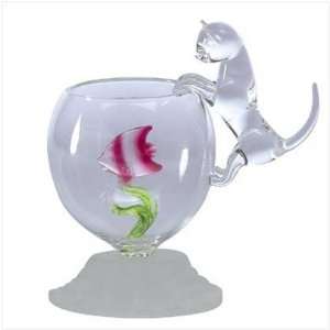  Glass Sculpture Cat And Fish Bowl 